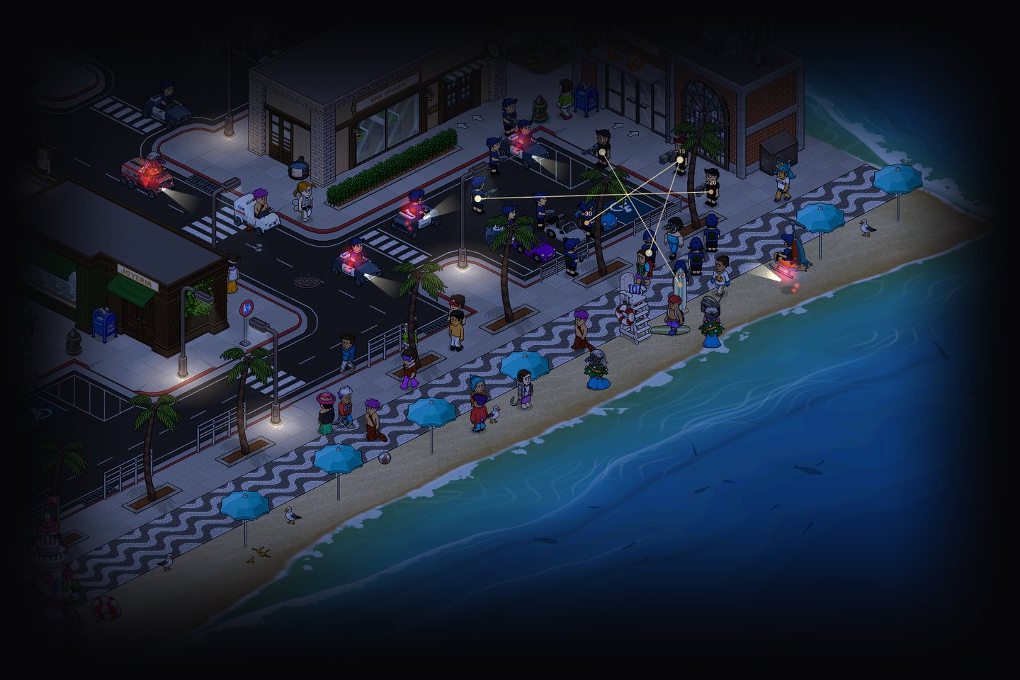 Ensenada de noche: patrullas con luces encendidas, un tiroteo en el paseo y gente corriendo por la playa.